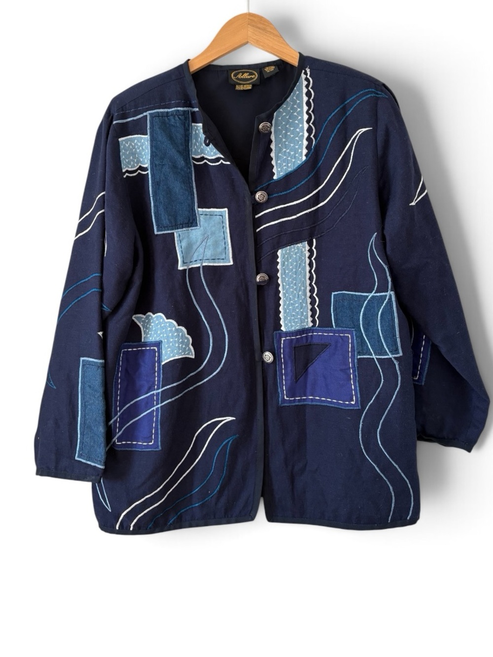 Allure Art to Wear Jacket Blue Patchwork Appliqué Embroidered MP Petite